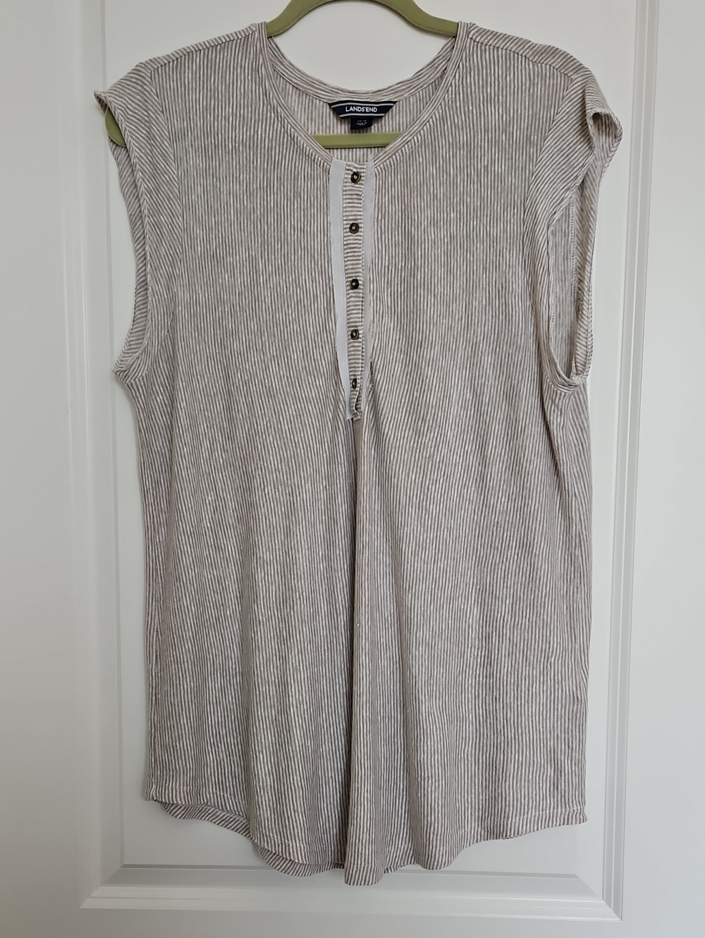 Linen Beige and White Striped Sleeveless Henley Tank